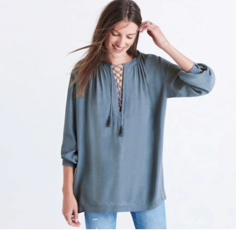 Madewell Lace Up Peasant Blouse Long Sleeve Soft Blue Large
